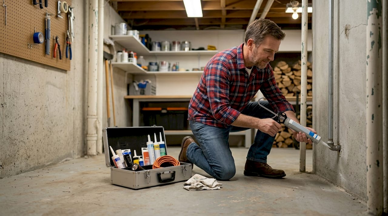 Homeowner sealing basement crack for pest prevention