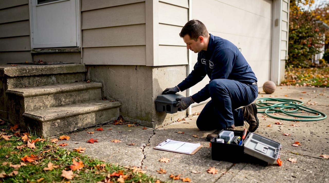 Technician placing bait station by garage steps