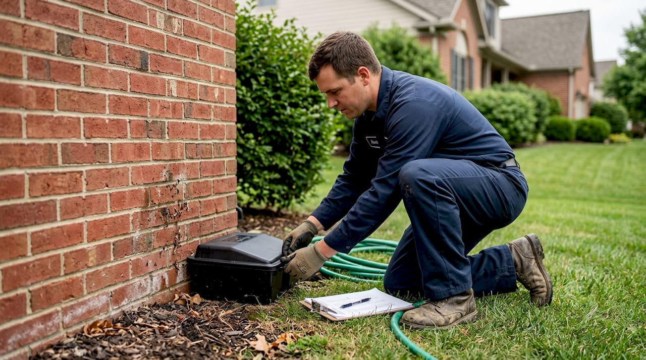 Technician placing bait station beside home
