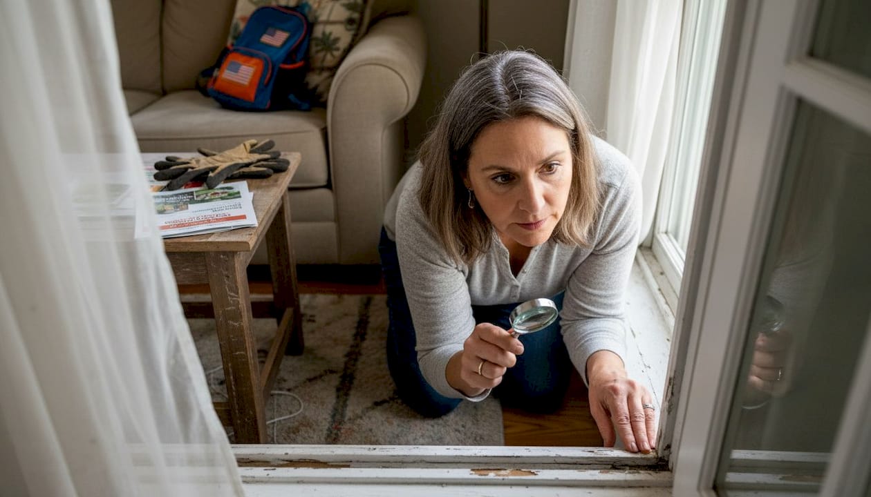 Homeowner inspecting window for pest entry