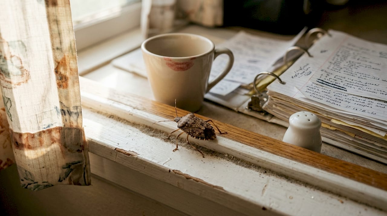 Stink bug on dusty Ohio windowsill