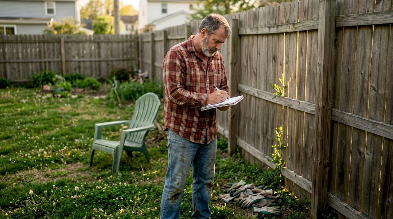 Resident noting resistant weeds in backyard