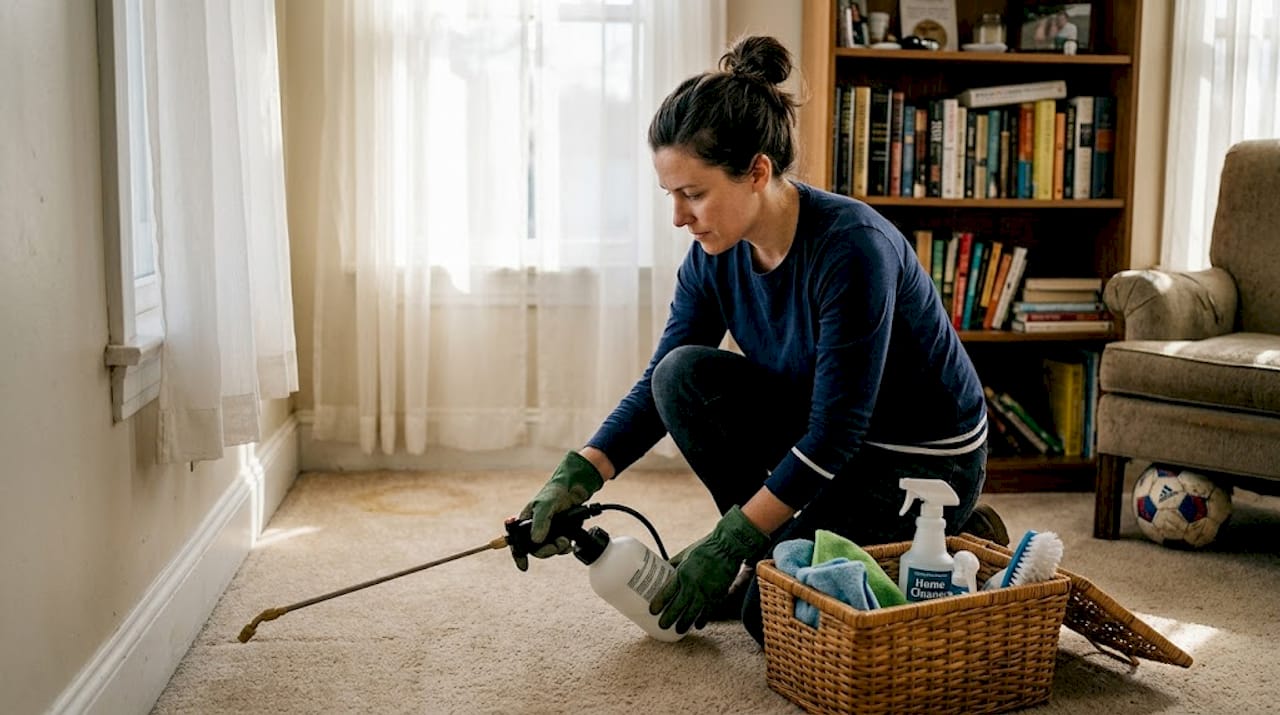 Woman applying pest spray in Ohio home