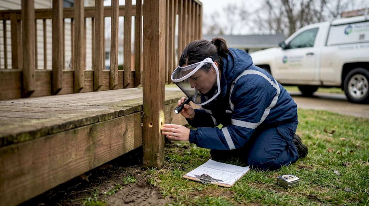 Inspector with gear checks bee tunnel under deck