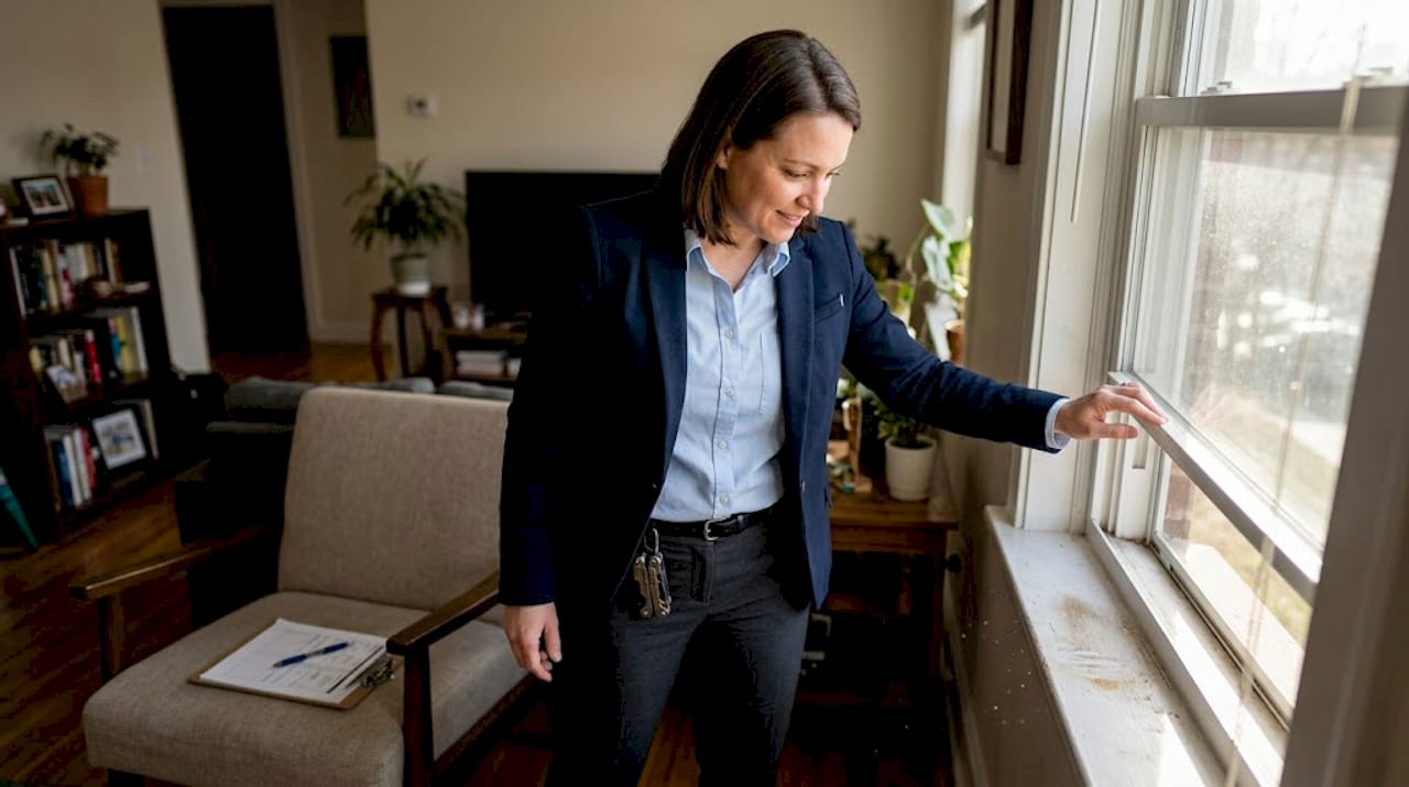 Property manager inspecting window for pesticide spray