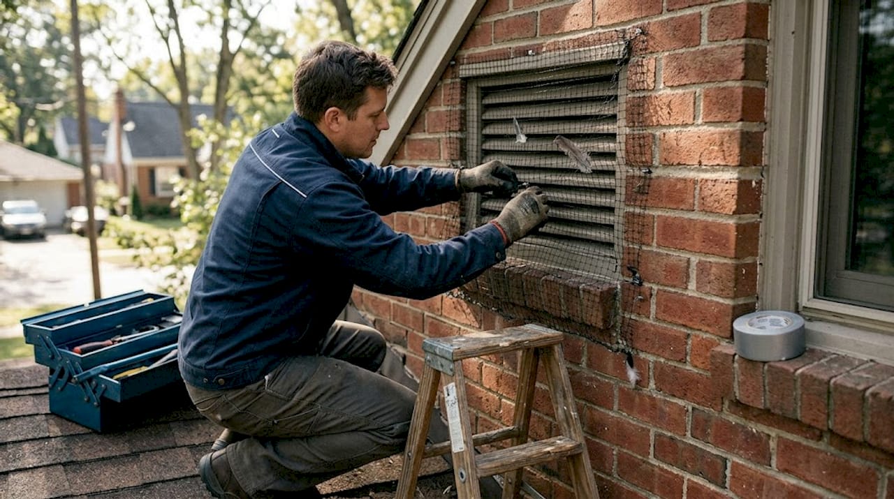 Hands install bird netting over attic vent