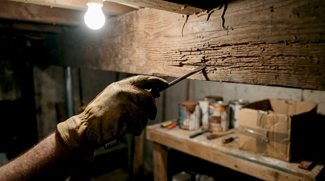 Hand inspecting termite damaged wood in basement
