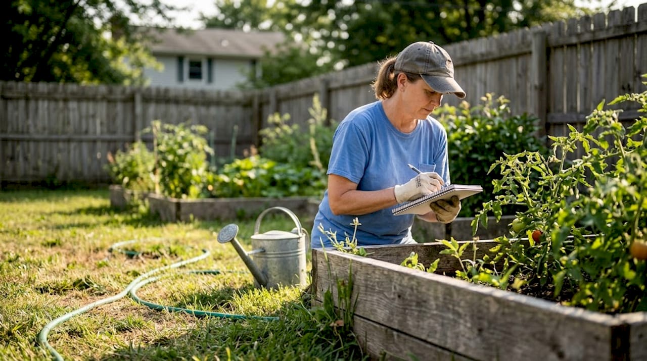 Woman monitoring garden pests in backyard