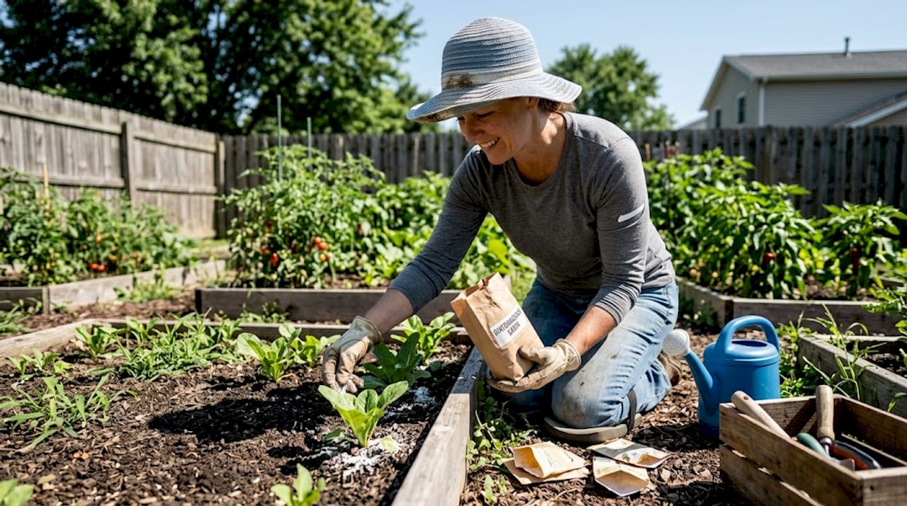 Gardener applying diatomaceous earth