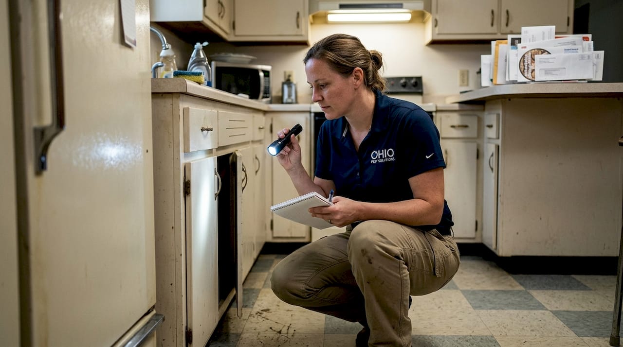 Technician inspecting kitchen for pest control