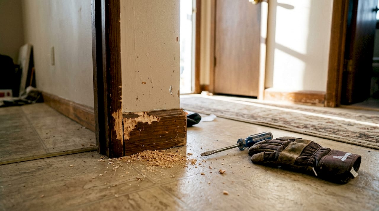 Closeup of gnaw marks on doorframe with tools nearby