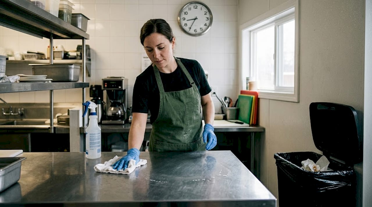 Staff cleans kitchen counter during sanitation routine
