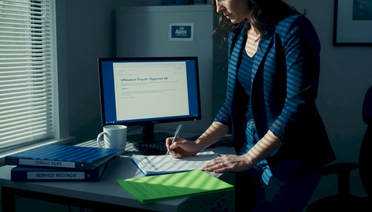 Manager reviewing pest logs for dispute evidence