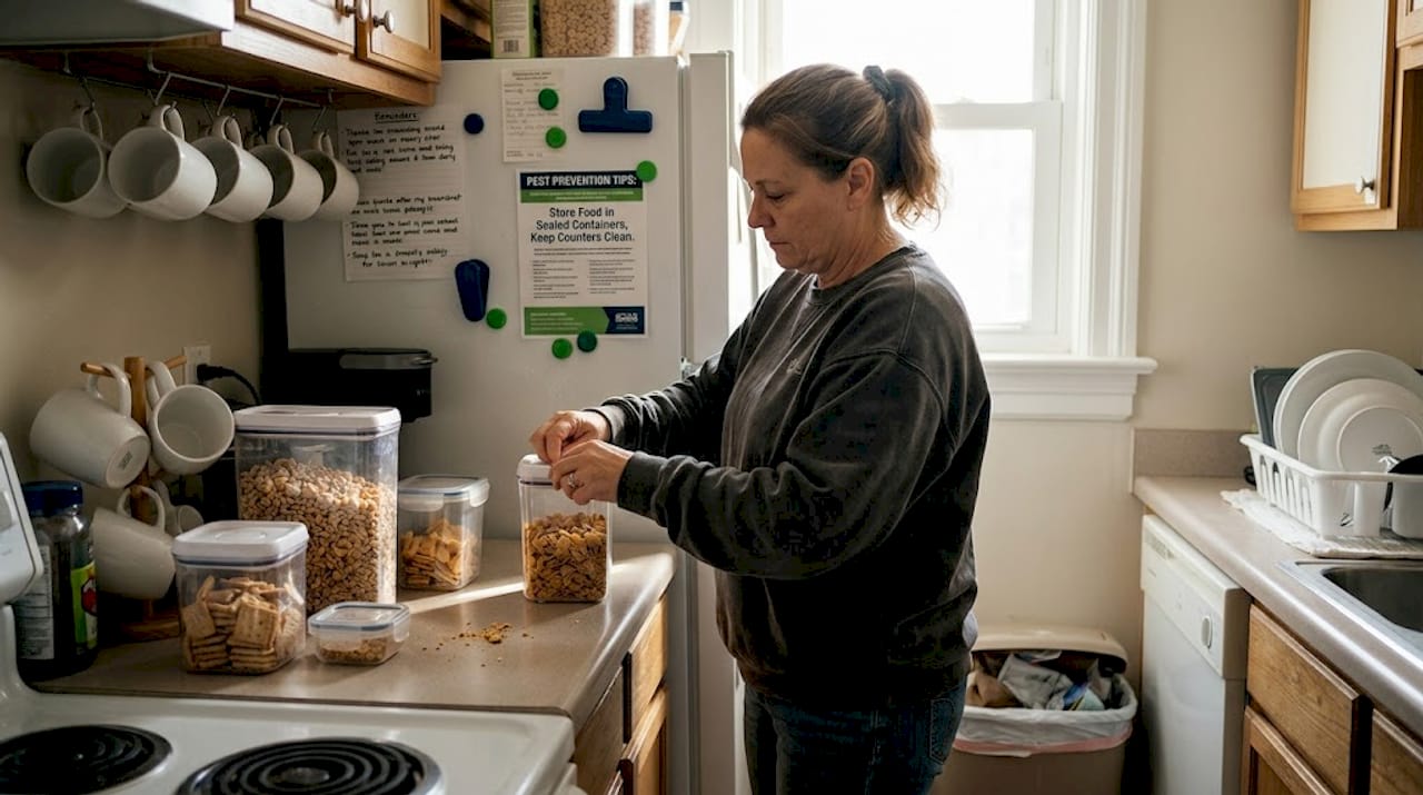 Resident seals food in containers in kitchen