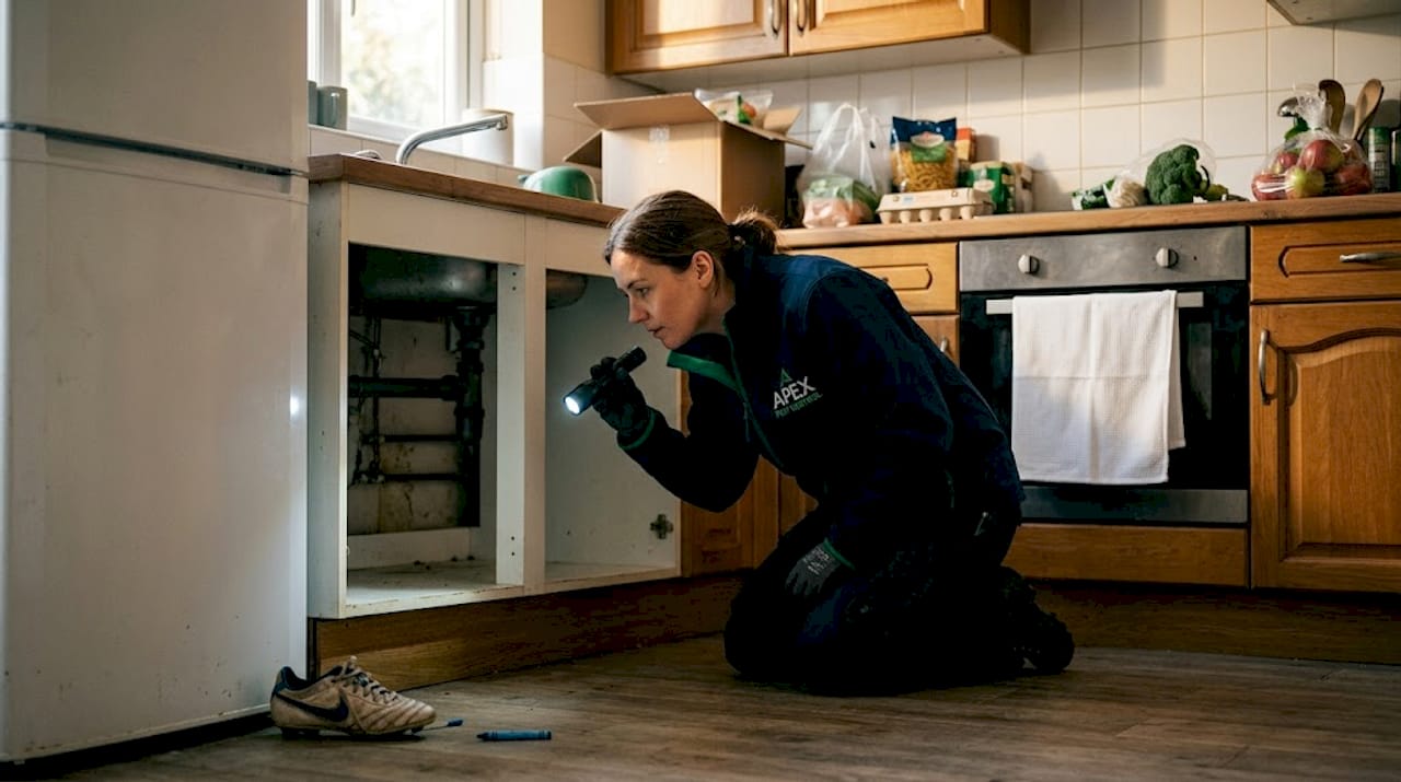 Searching for rodent entry points under kitchen sink