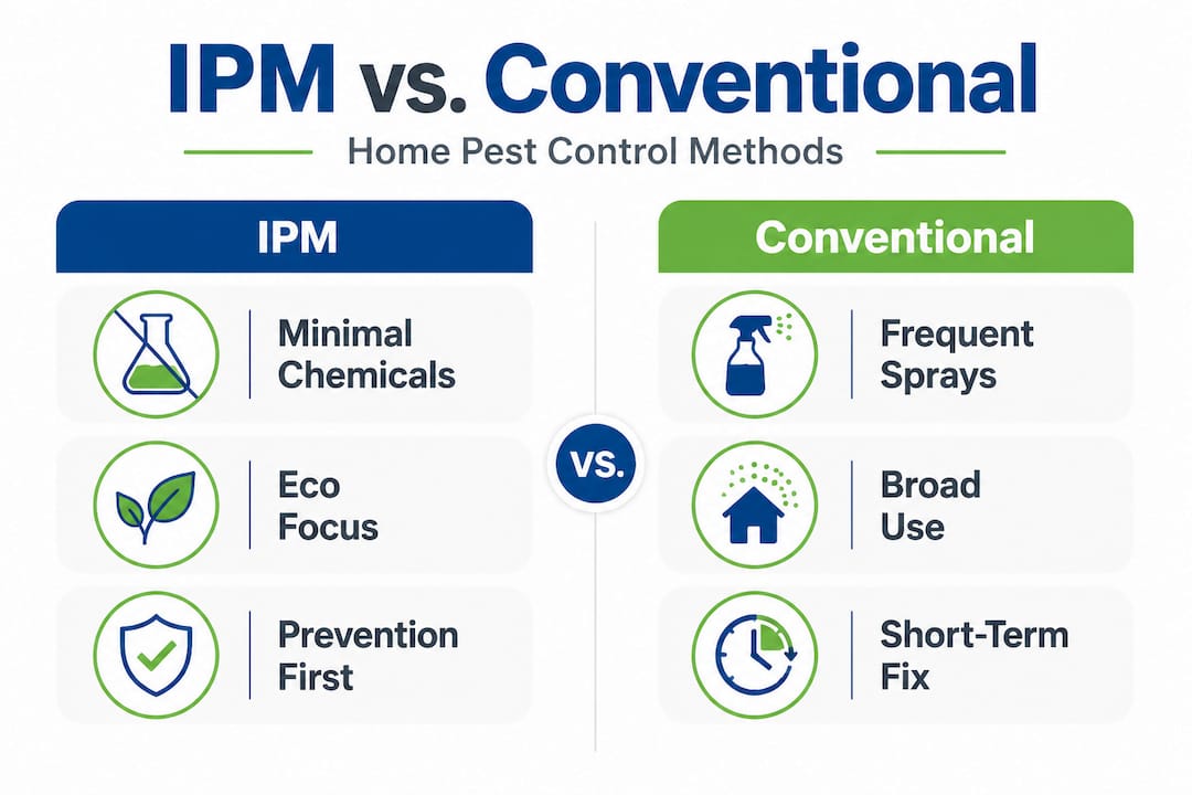 Infographic comparing IPM and conventional pest control
