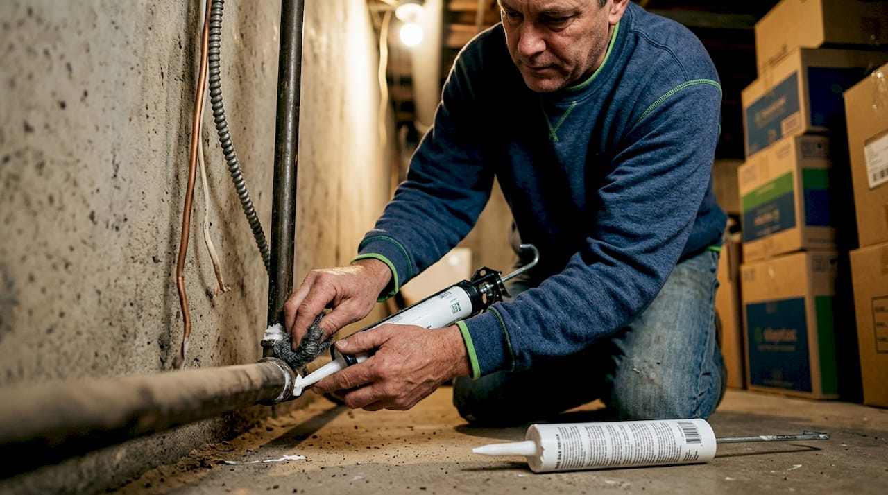 Homeowner sealing basement entry point for mice