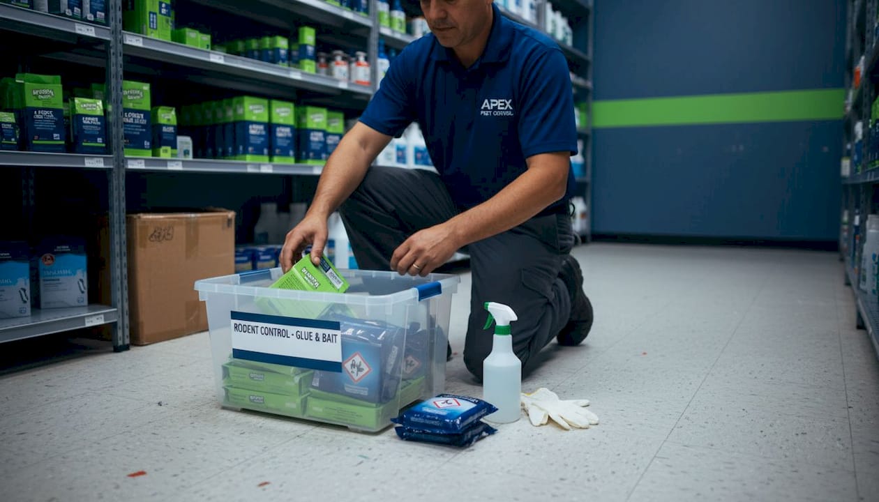 Retail employee organizing pest control materials