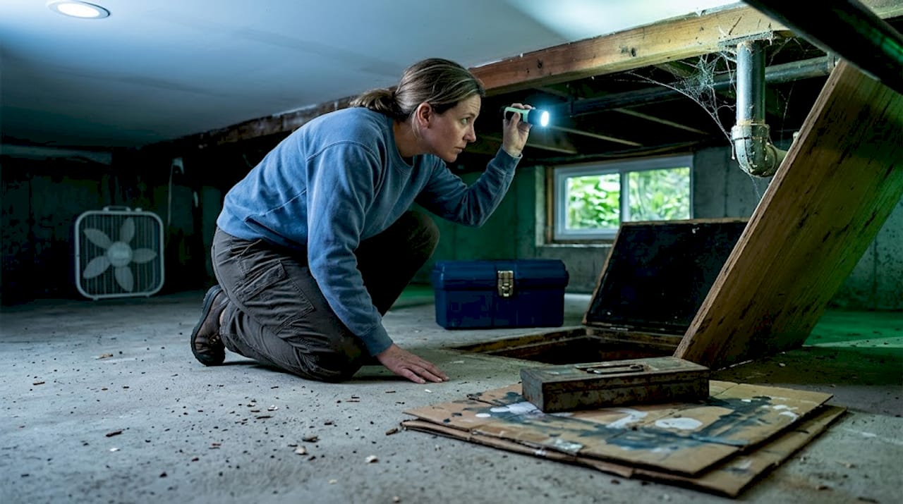 Homeowner inspecting crawl space for termites