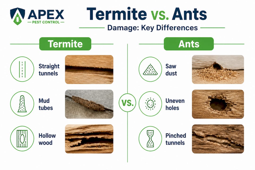 Infographic comparing termite and ant damage signs