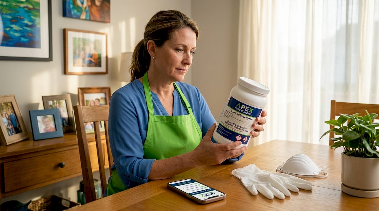 Homeowner checks pesticide safety label