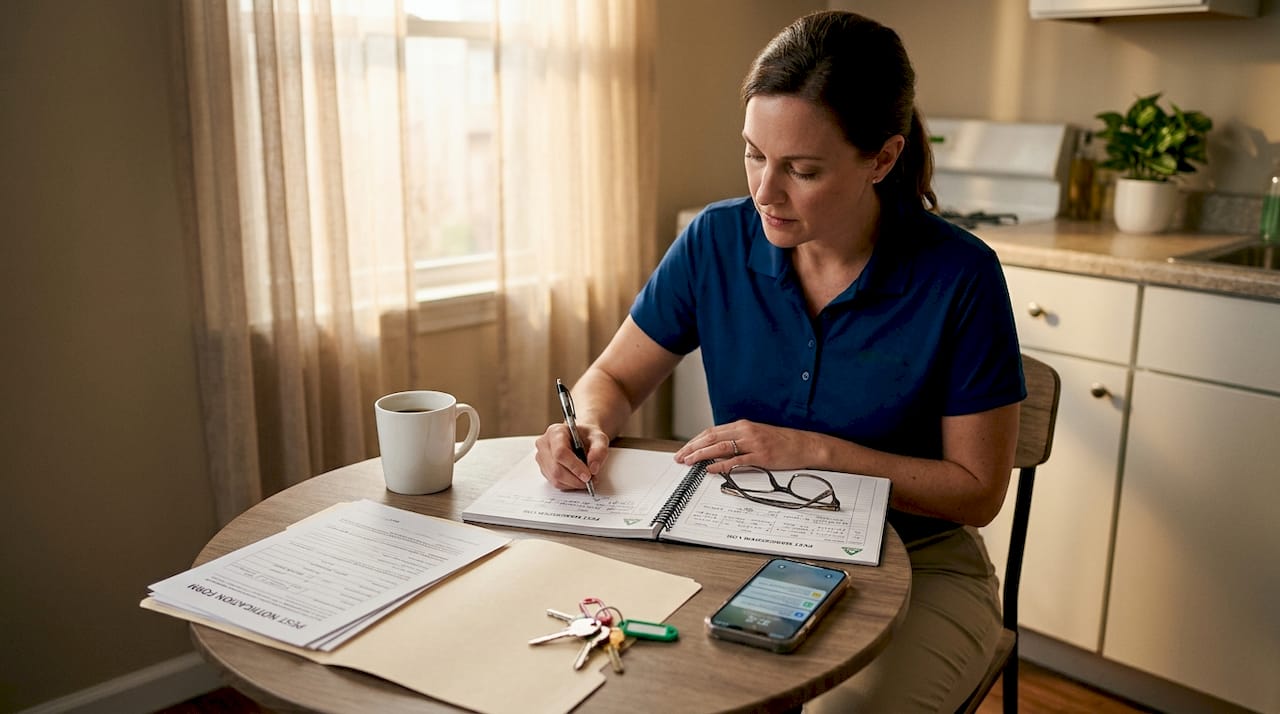 Manager updating pest log in tenant kitchen