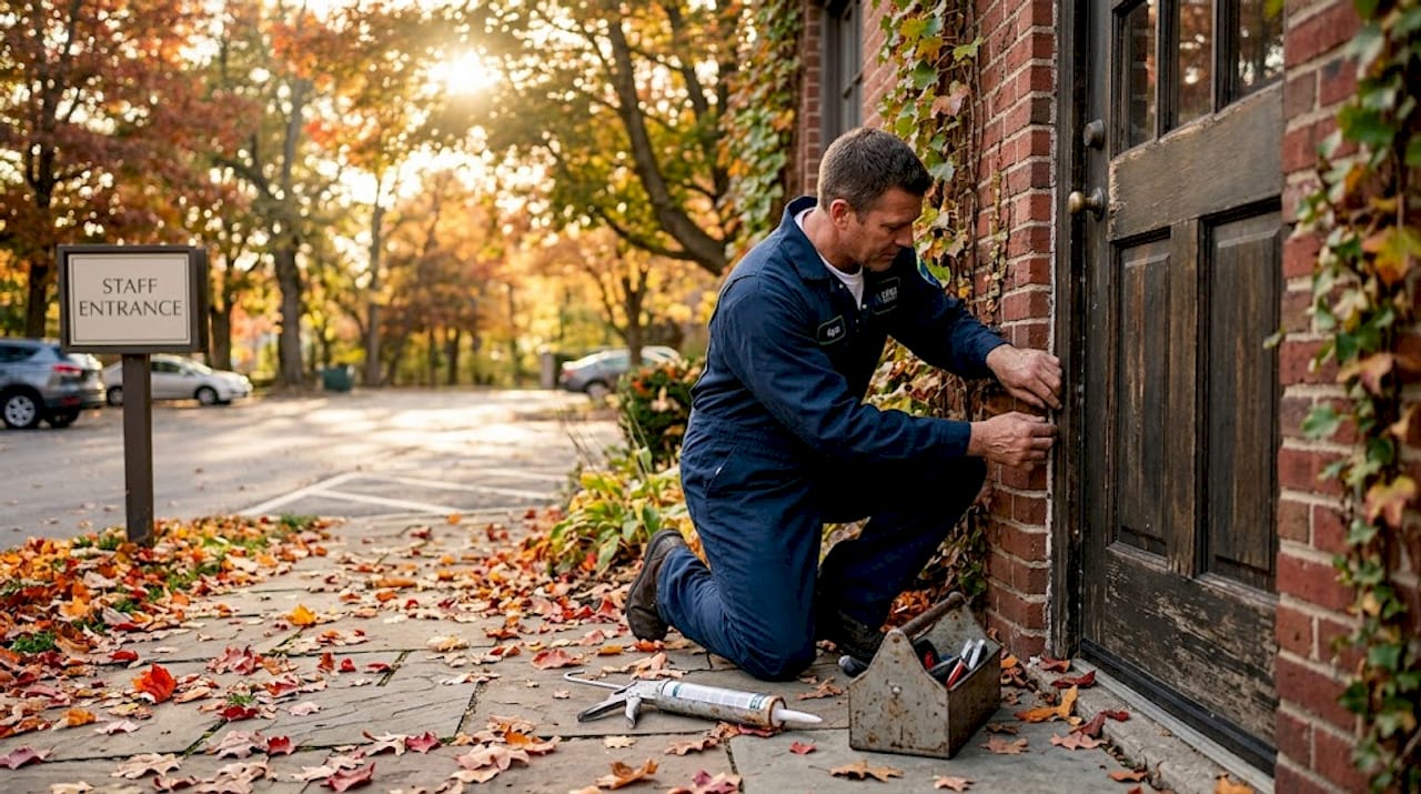 Hotel maintenance checks entryway for pest gaps