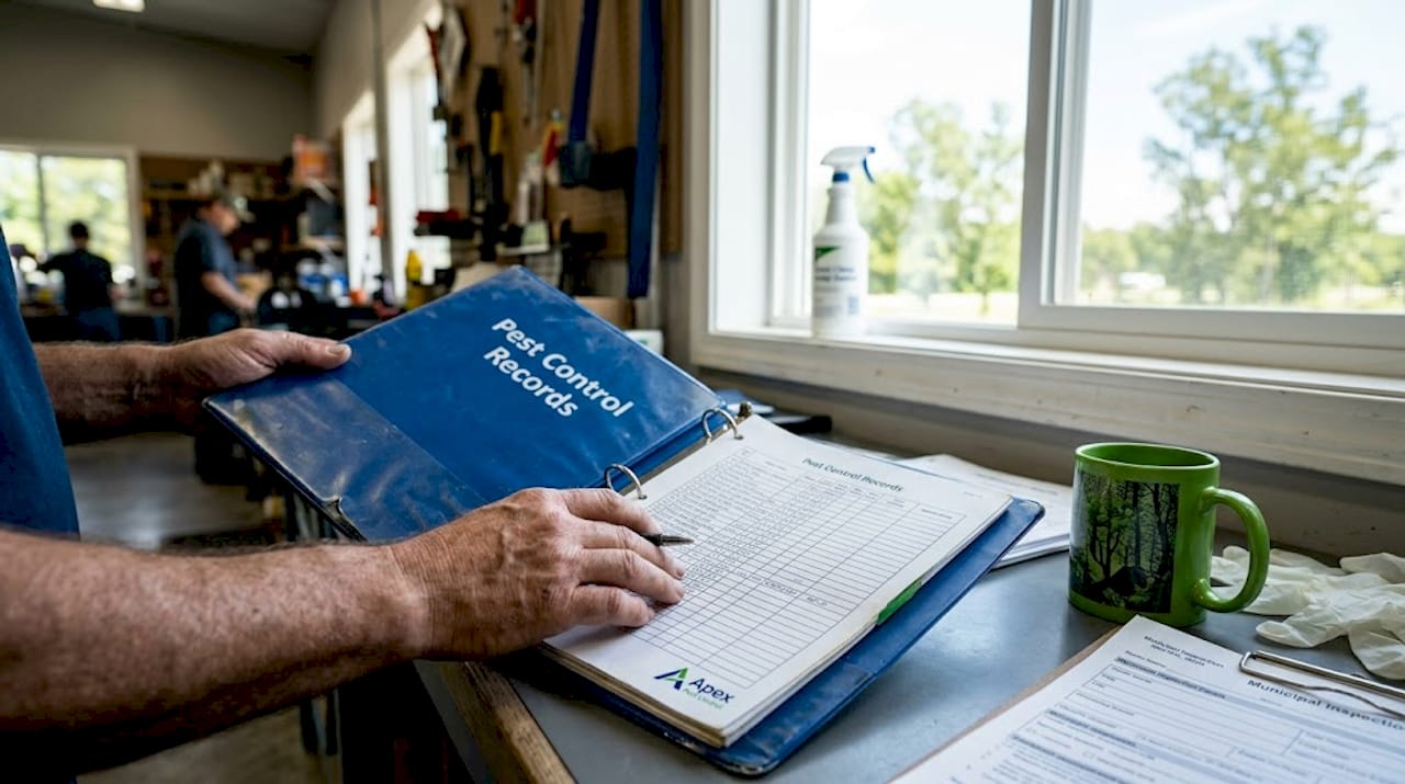Hands updating pest control records binder