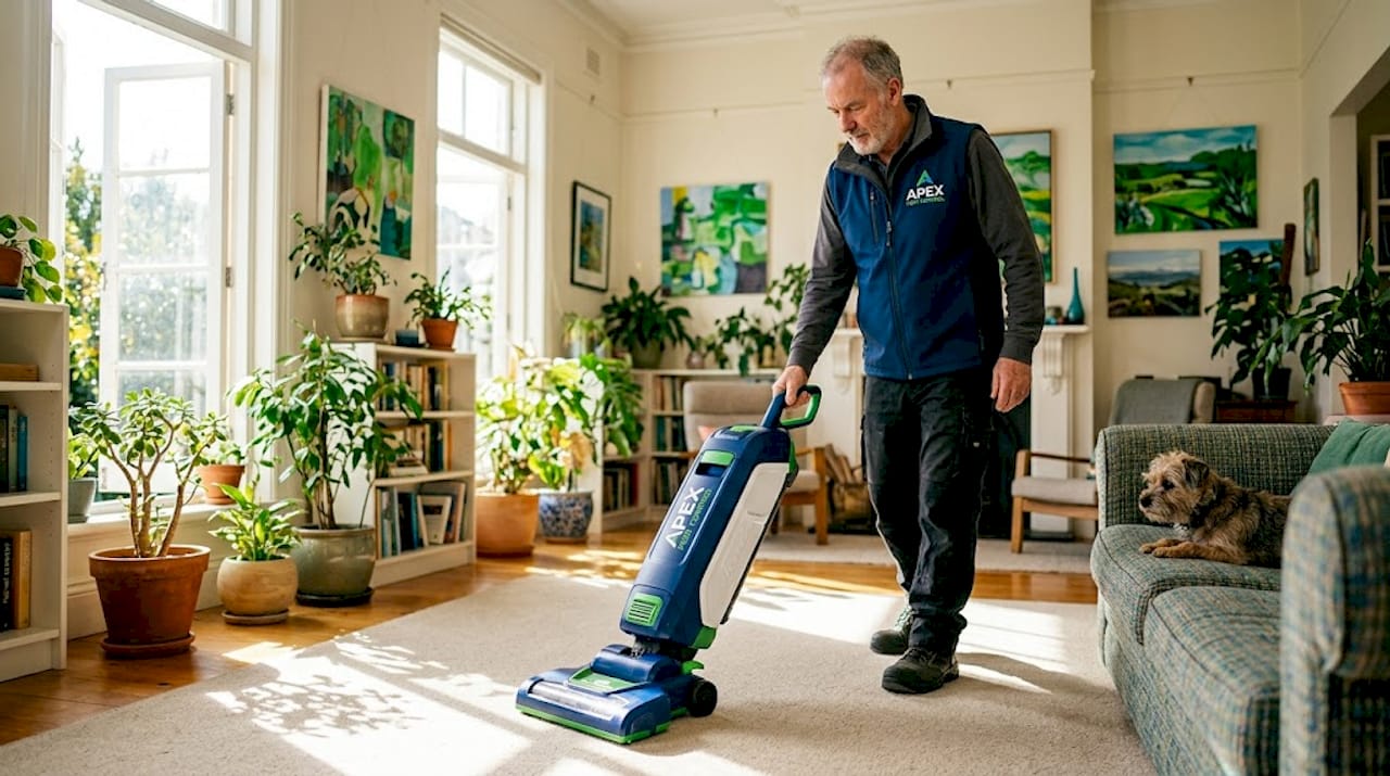 Man vacuuming carpet for flea control