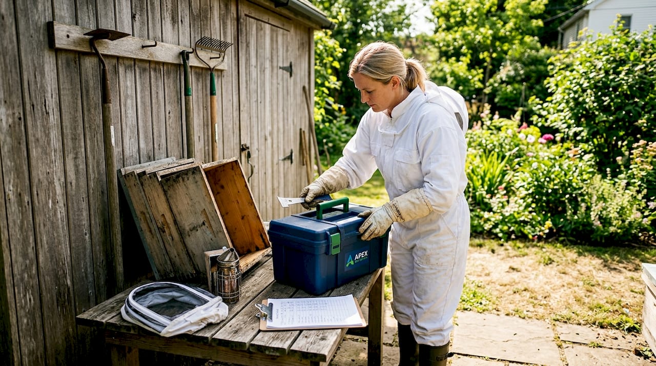 Beekeeper collects tools for bee removal