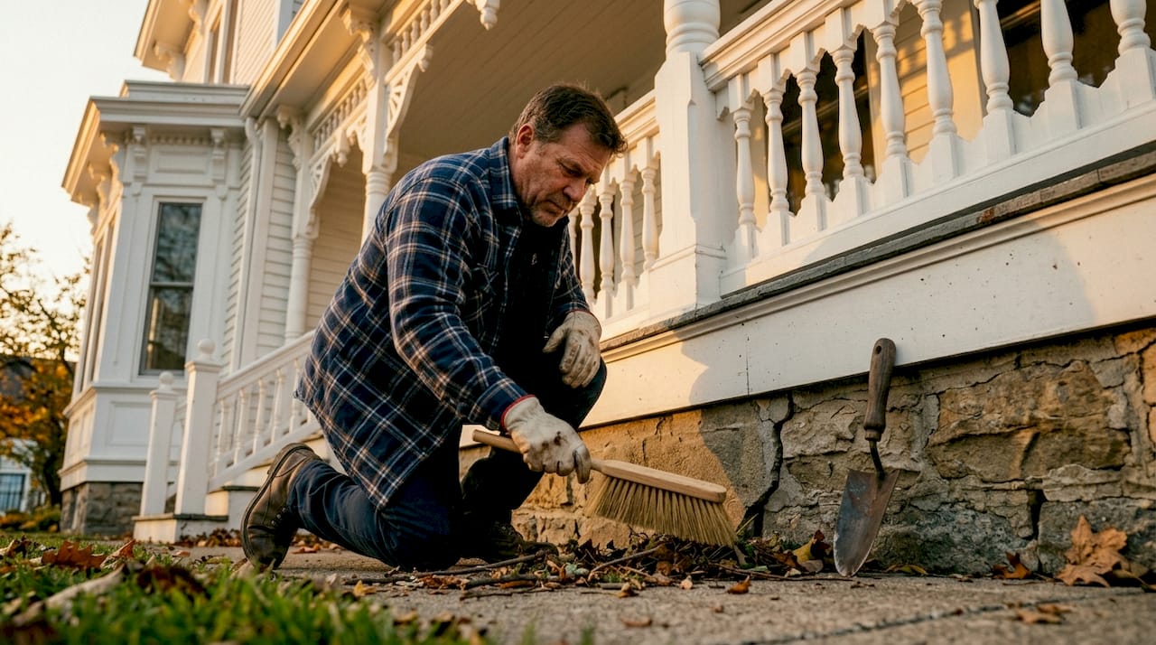 Man checks house foundation for rodent entry
