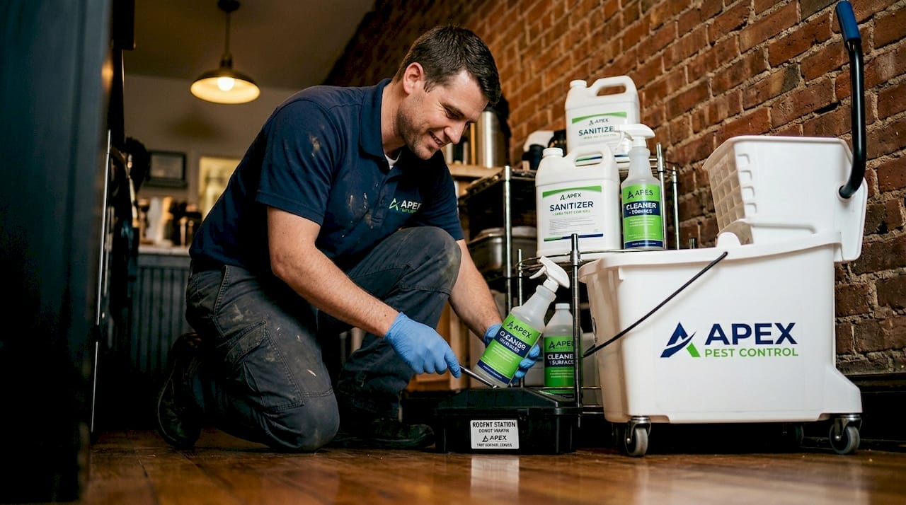 Technician checking rodent trap in kitchen