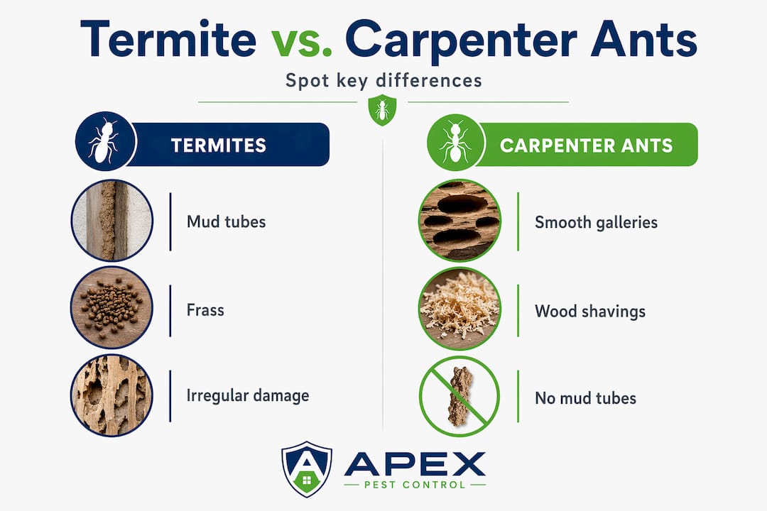 Infographic comparing termite and carpenter ant signs