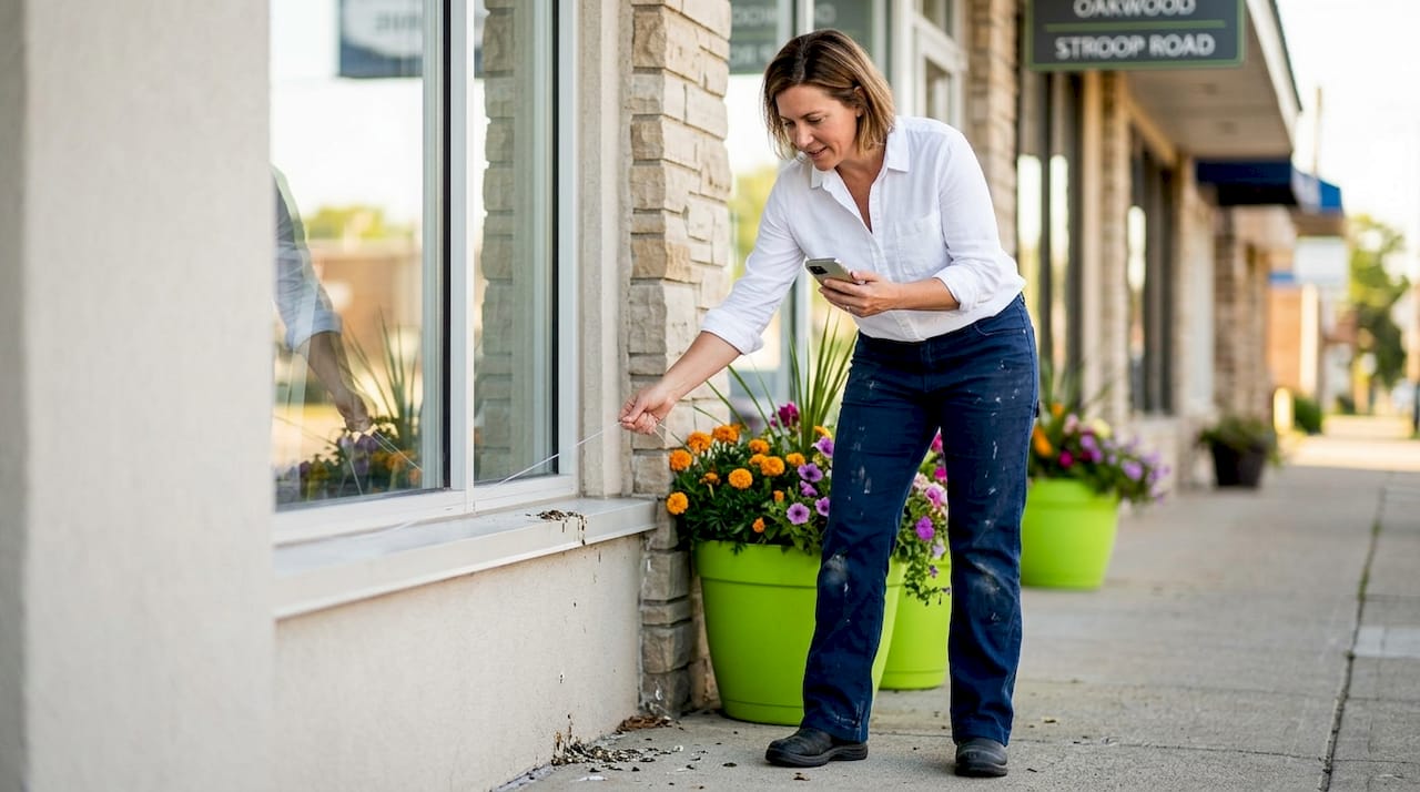 Business owner installing humane bird deterrents