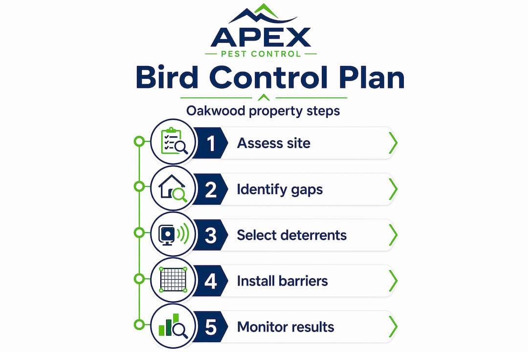 Infographic showing bird control steps for Oakwood