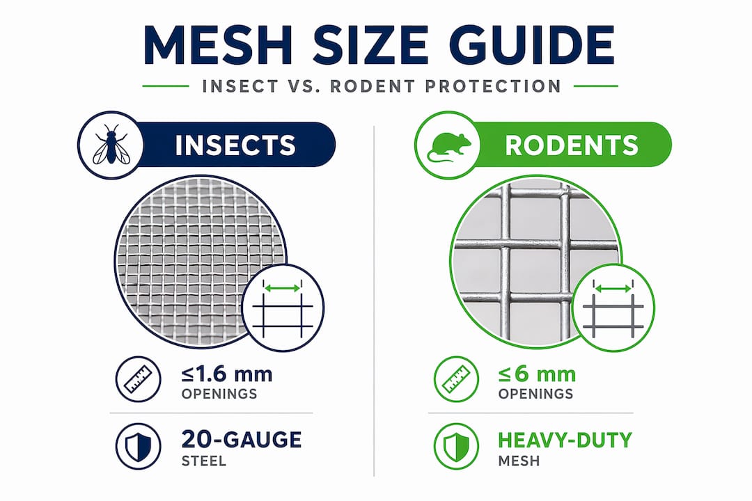 Infographic comparing mesh sizes for insects and rodents