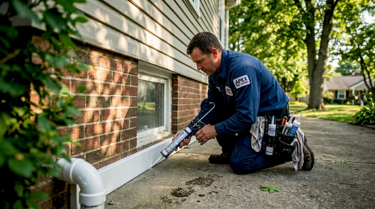 Worker sealing cracks on Ohio home foundation