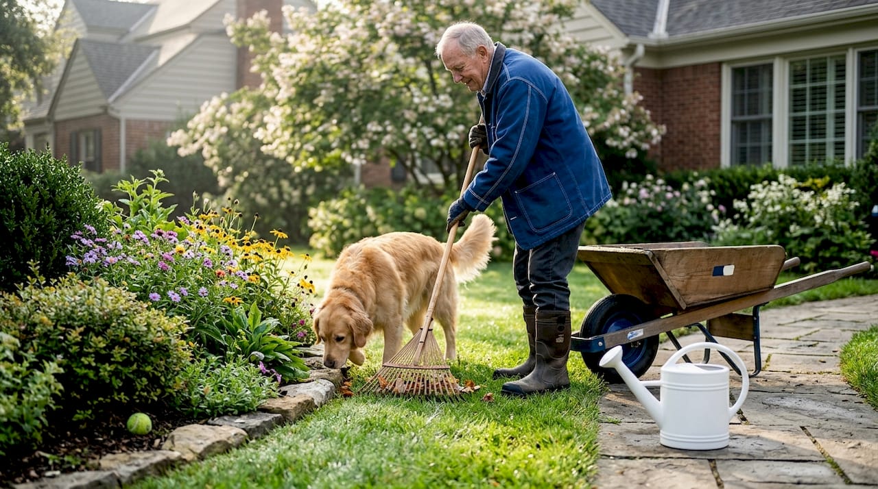Owner and pet cleaning Ohio backyard
