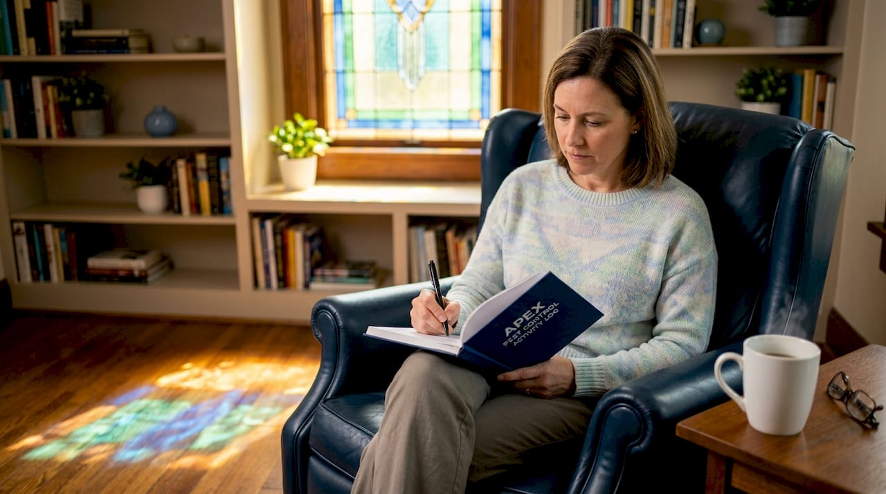 Homeowner taking pest sighting notes in living room