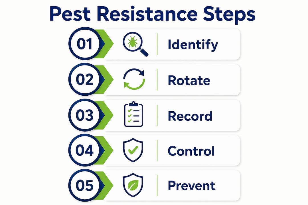 Infographic illustrating five steps to manage pest resistance