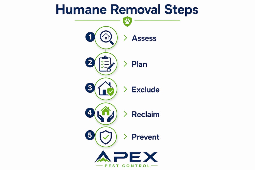 Infographic illustrating five steps of humane wildlife removal