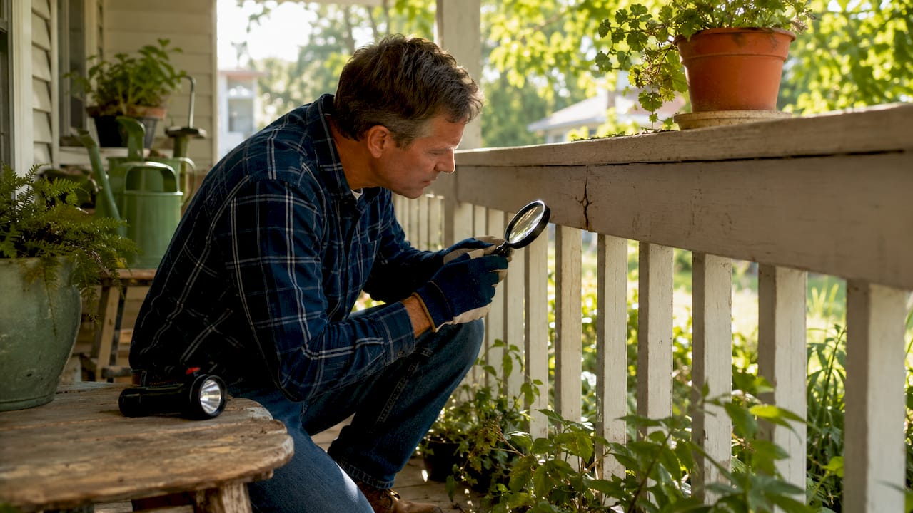 Close-up inspecting wall crack for pests