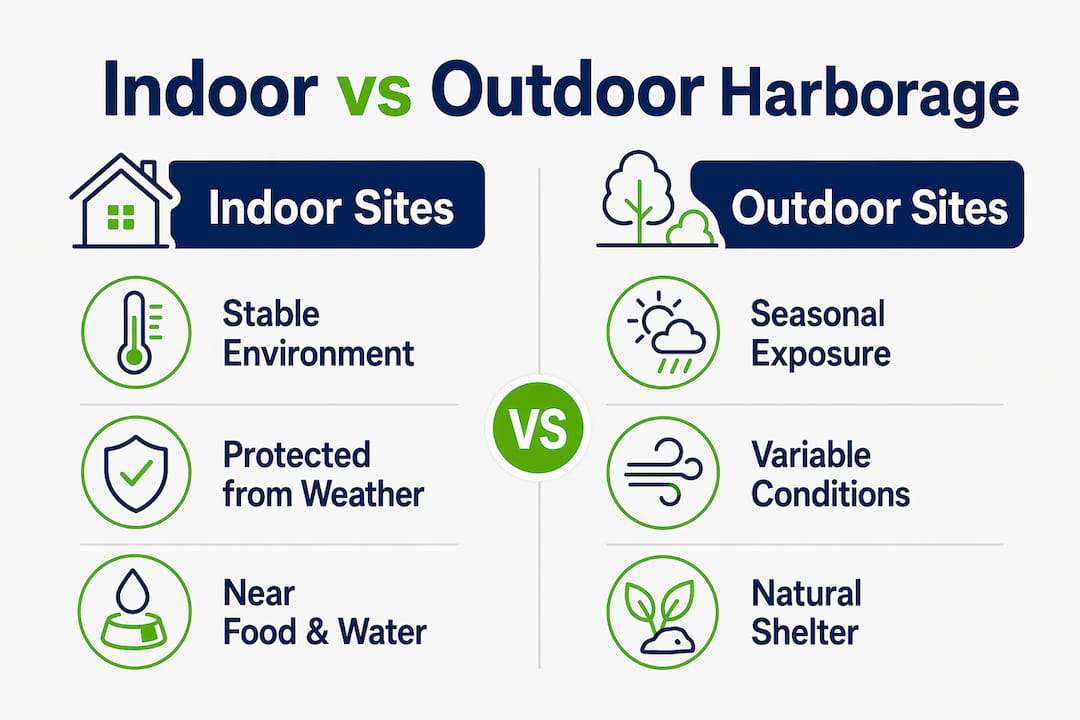 Infographic comparing indoor and outdoor pest harborage sites