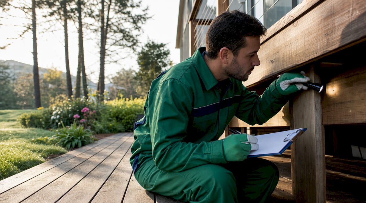 Pest professional inspecting foundation cracks