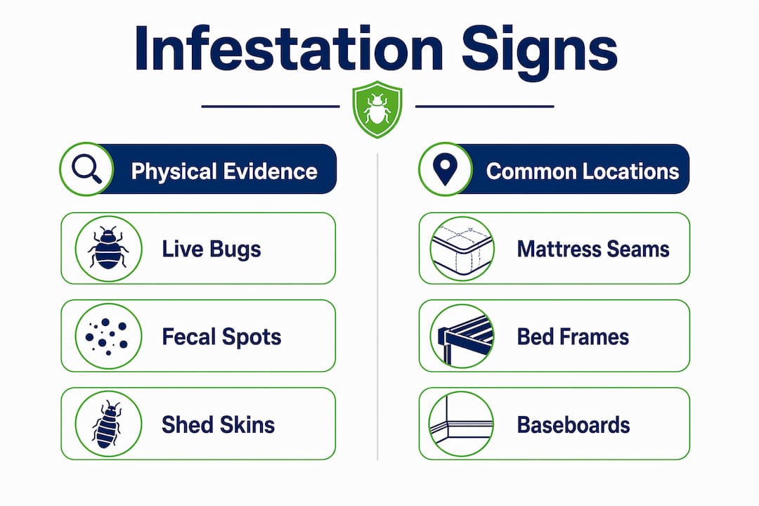 Infographic showing physical signs and locations of bed bug infestation