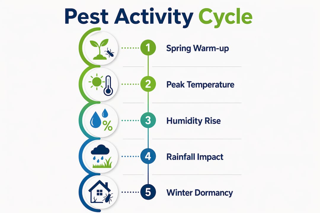 Infographic illustrating pest activity cycle by weather factors in Ohio