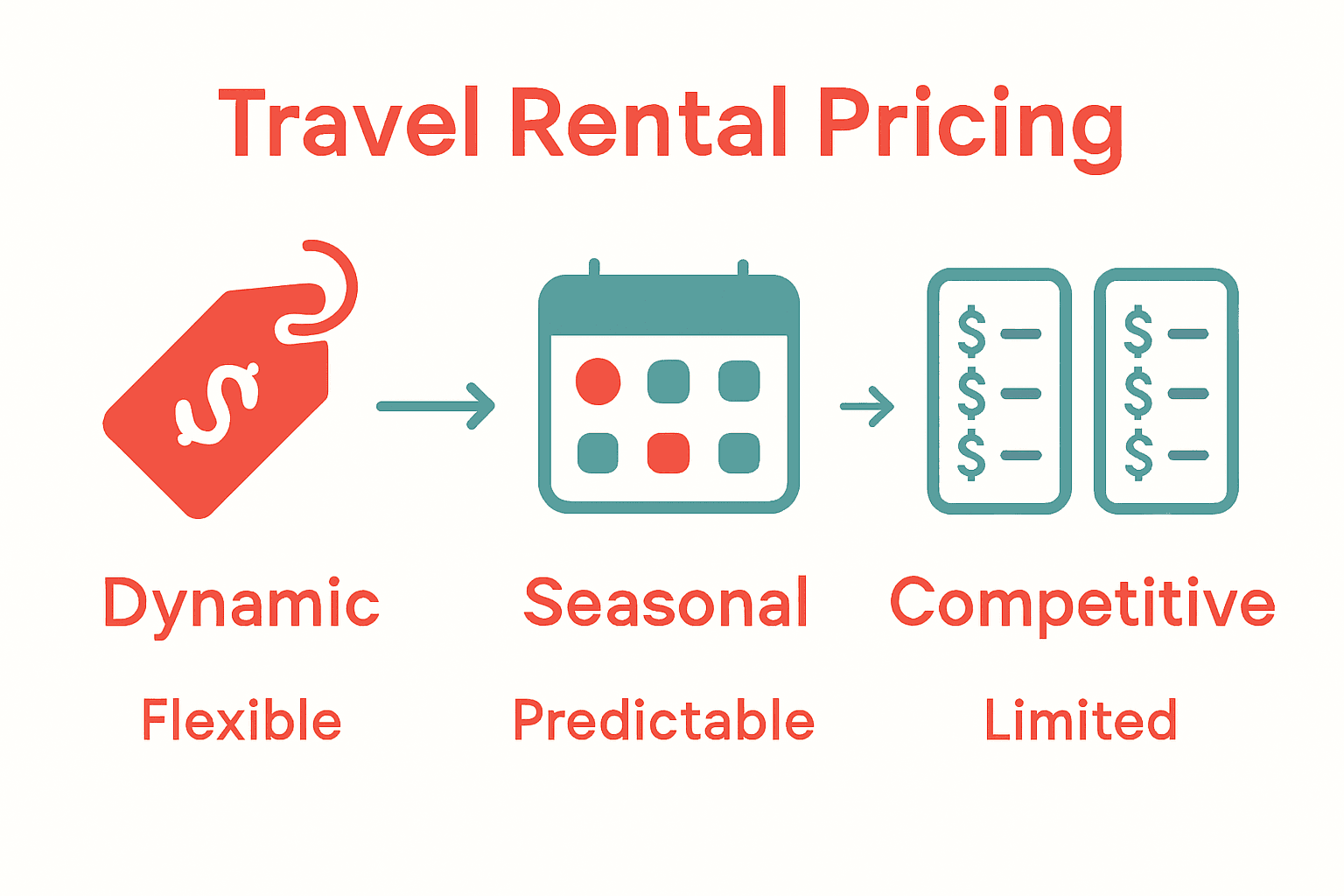 Infographic compares three travel rental pricing strategies with icons and arrows.