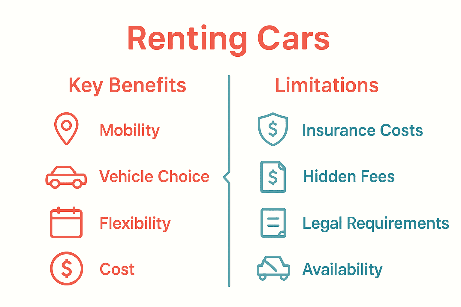 Infographic showing side-by-side benefits and limitations of car rentals.