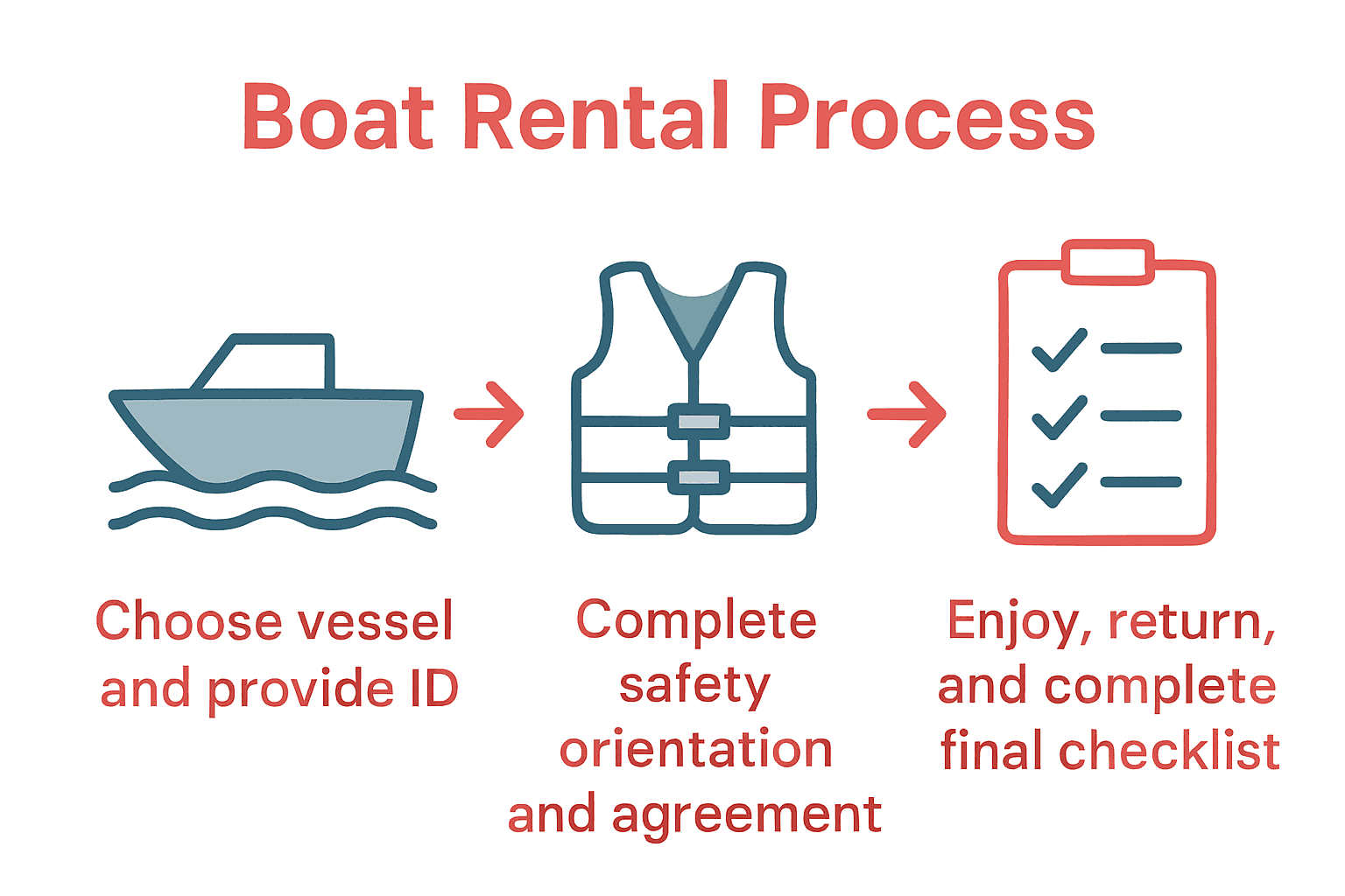 Infographic showing the standard boat rental process in three steps