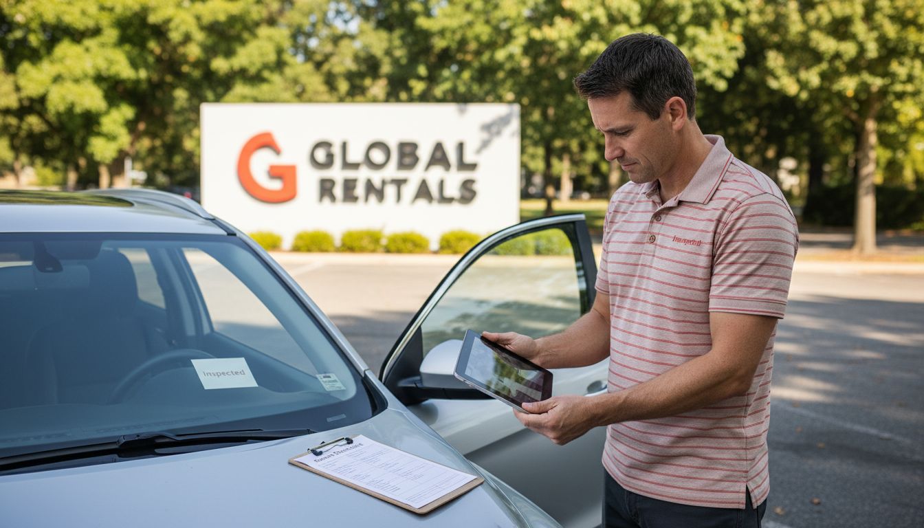Traveler inspecting rental car before return